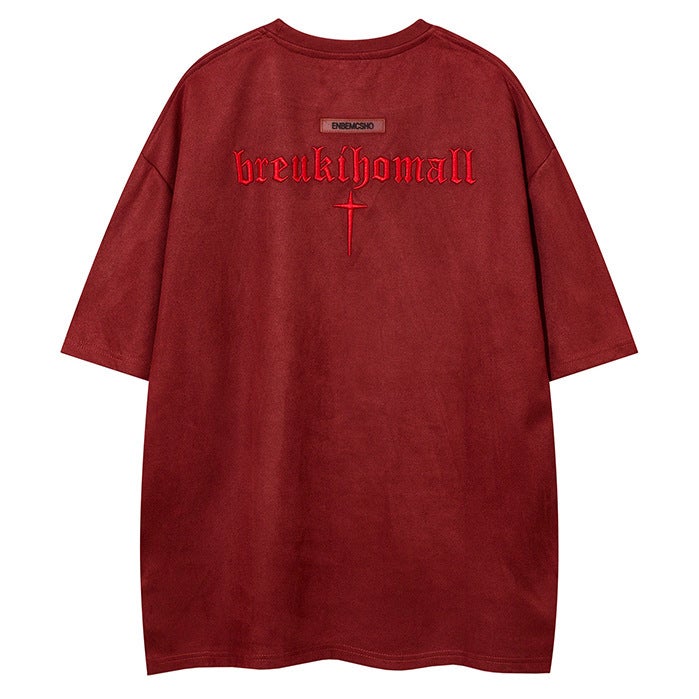 American Style Retro Letter Embroidered Short-Sleeved Men'S Suede T-Shirt Summer Fashion Brand Hip-Hop Loose Fried Street Couple Half-Sleeved - Image 2