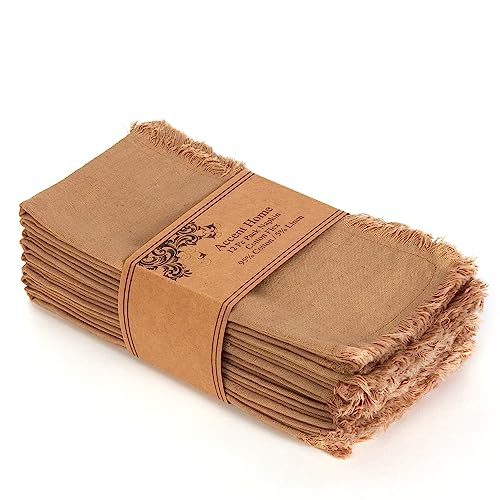 ACCENTHOME Brown Cotton Linen Napkin Set of 12 18x18 inch Dinner Napkins - Washable Soft Premium Hotel Quality Reusable Hemmed Edges Napkins Perfect Table Linens for Family Dinners, Weddings - Image 1
