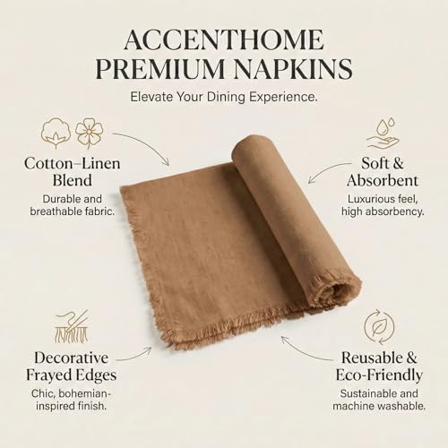 ACCENTHOME Brown Cotton Linen Napkin Set of 12 18x18 inch Dinner Napkins - Washable Soft Premium Hotel Quality Reusable Hemmed Edges Napkins Perfect Table Linens for Family Dinners, Weddings - Image 4
