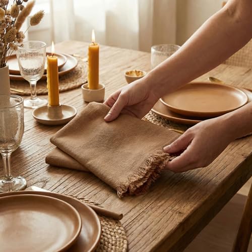 ACCENTHOME Brown Cotton Linen Napkin Set of 12 18x18 inch Dinner Napkins - Washable Soft Premium Hotel Quality Reusable Hemmed Edges Napkins Perfect Table Linens for Family Dinners, Weddings - Image 2
