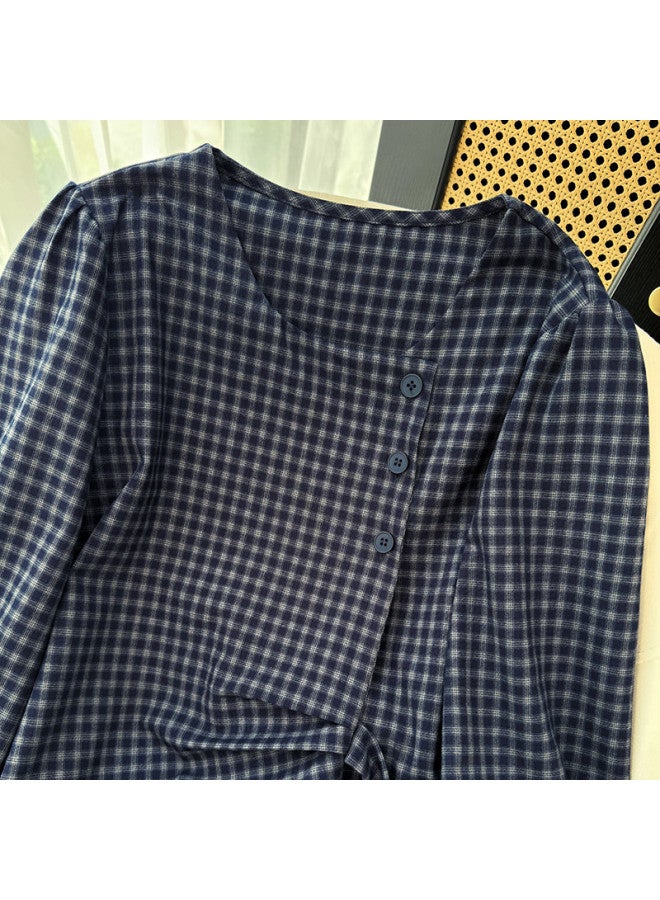 XINYANG Korean-Style Waist-Tied Plaid Pleated Long-Sleeve Shirt, 2025 Early Autumn Fashionable Versatile Round-Neck Blouse - Image 3