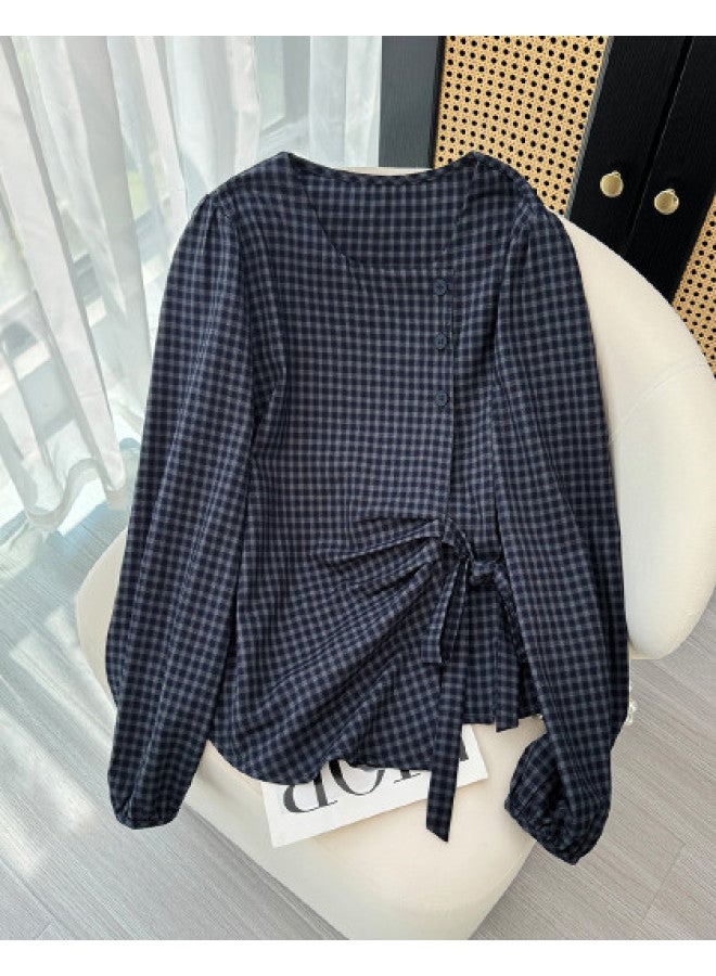 XINYANG Korean-Style Waist-Tied Plaid Pleated Long-Sleeve Shirt, 2025 Early Autumn Fashionable Versatile Round-Neck Blouse - Image 1