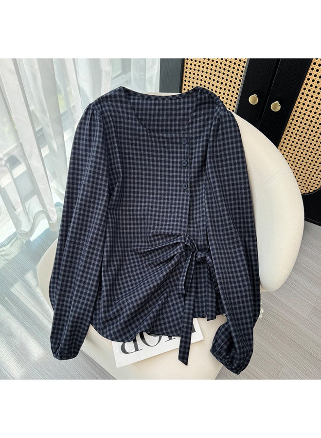 XINYANG Korean-Style Waist-Tied Plaid Pleated Long-Sleeve Shirt, 2025 Early Autumn Fashionable Versatile Round-Neck Blouse - Image 2