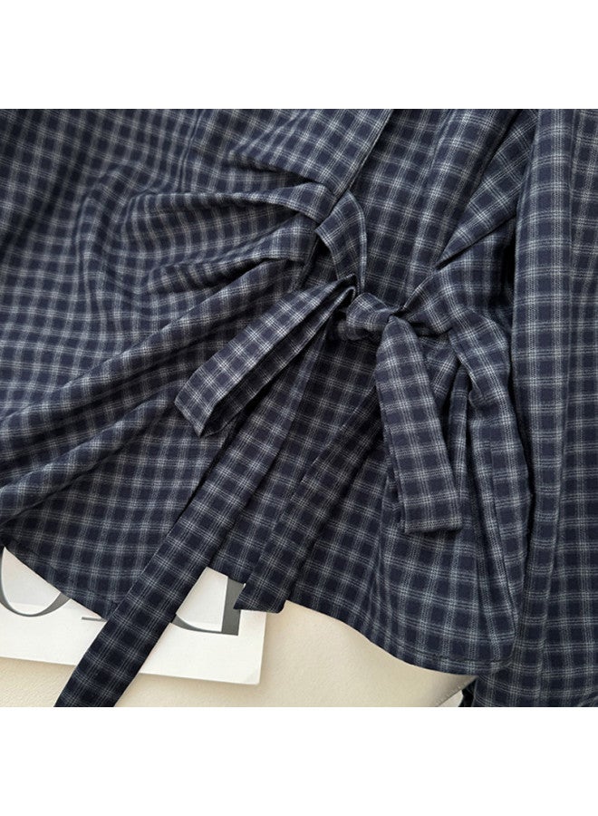 XINYANG Korean-Style Waist-Tied Plaid Pleated Long-Sleeve Shirt, 2025 Early Autumn Fashionable Versatile Round-Neck Blouse - Image 5