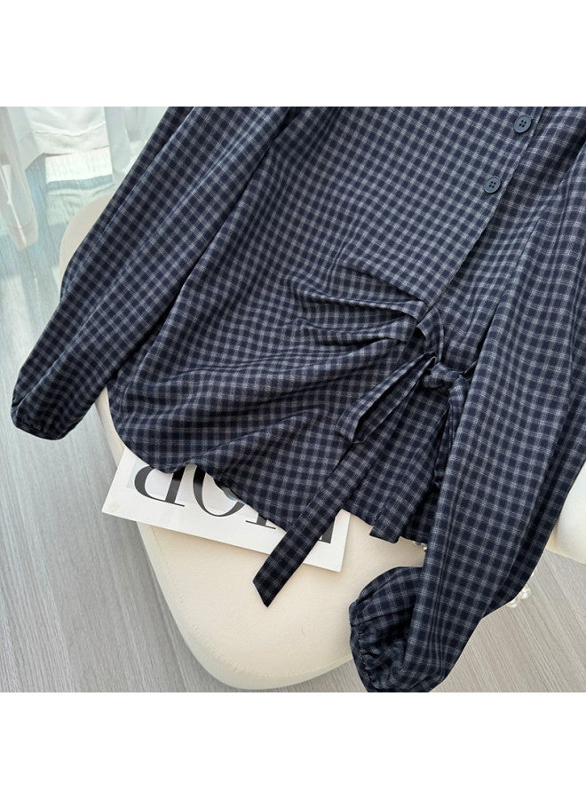 XINYANG Korean-Style Waist-Tied Plaid Pleated Long-Sleeve Shirt, 2025 Early Autumn Fashionable Versatile Round-Neck Blouse - Image 4