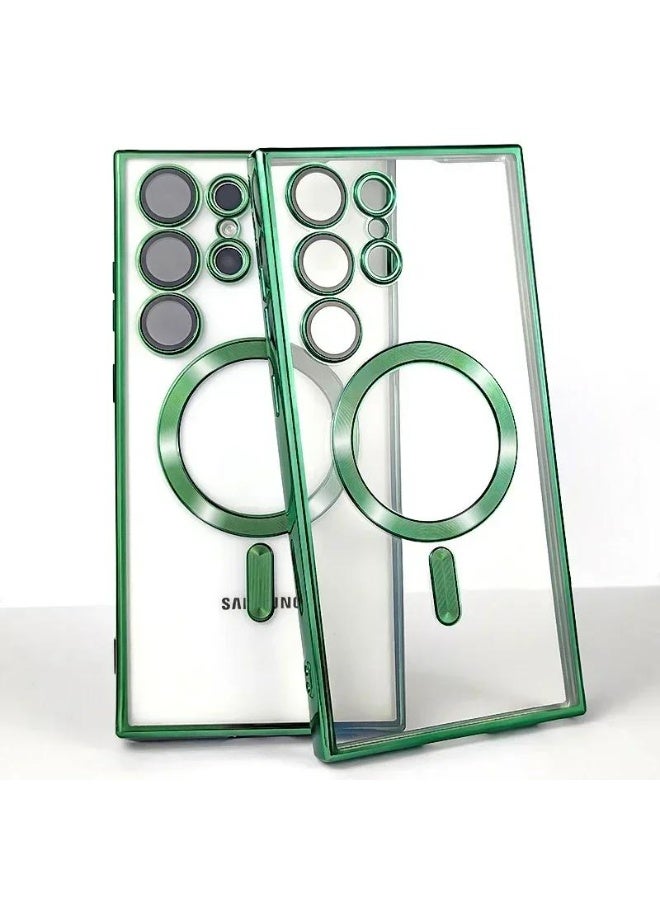 S24 Ultra Magnetic Phone Case, Clear with Green Edges, Shockproof Protection