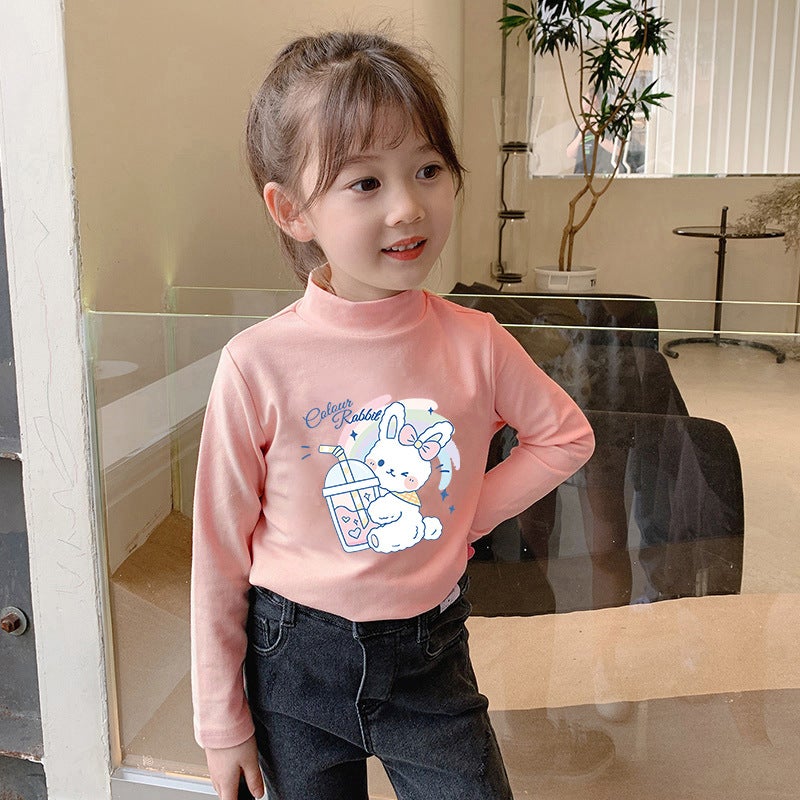Children'S Base Shirt Half-High Collar Girl'S White Baby'S Long-Sleeved T-Shirt De-Velvet Base T-Shirt - Image 1
