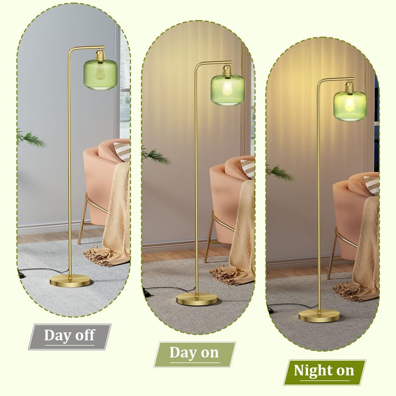 Karjoefar Glass Floor Lamp for Living Room, Modern Standing Lamp with Green Ribbed Glass Lampshade and Pedal Switch, 66â€ Tall Lamp & Gold Floor Lamp for Bedroom Study Room,Brushed Gold(3000K LED Bulb Included) - Image 2