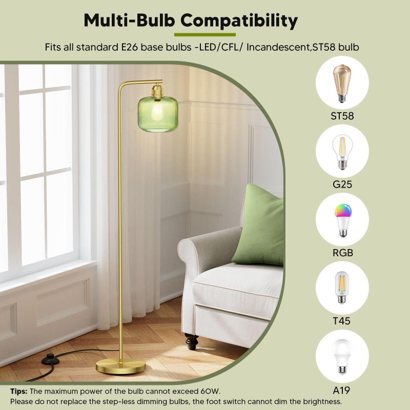 Karjoefar Glass Floor Lamp for Living Room, Modern Standing Lamp with Green Ribbed Glass Lampshade and Pedal Switch, 66â€ Tall Lamp & Gold Floor Lamp for Bedroom Study Room,Brushed Gold(3000K LED Bulb Included) - Image 4