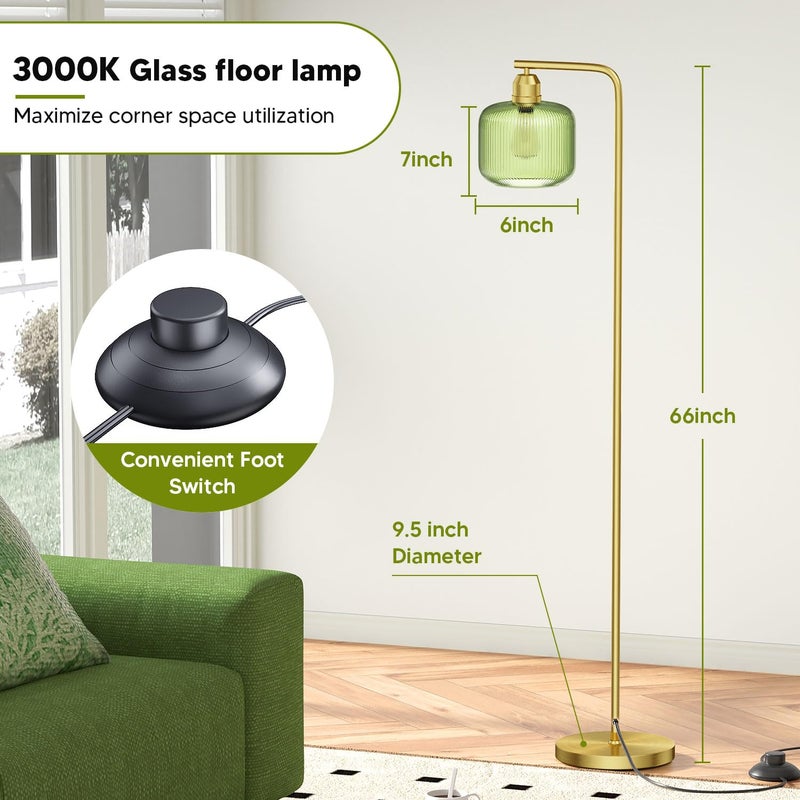 Karjoefar Glass Floor Lamp for Living Room, Modern Standing Lamp with Green Ribbed Glass Lampshade and Pedal Switch, 66â€ Tall Lamp & Gold Floor Lamp for Bedroom Study Room,Brushed Gold(3000K LED Bulb Included) - Image 5