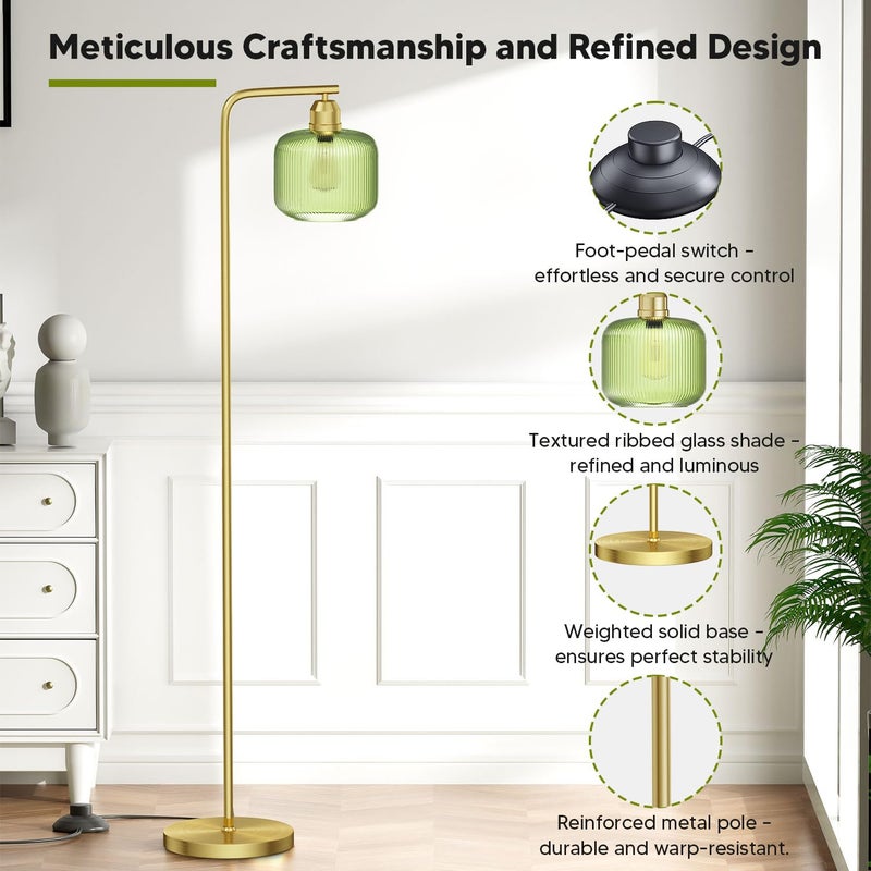 Karjoefar Glass Floor Lamp for Living Room, Modern Standing Lamp with Green Ribbed Glass Lampshade and Pedal Switch, 66â€ Tall Lamp & Gold Floor Lamp for Bedroom Study Room,Brushed Gold(3000K LED Bulb Included) - Image 3