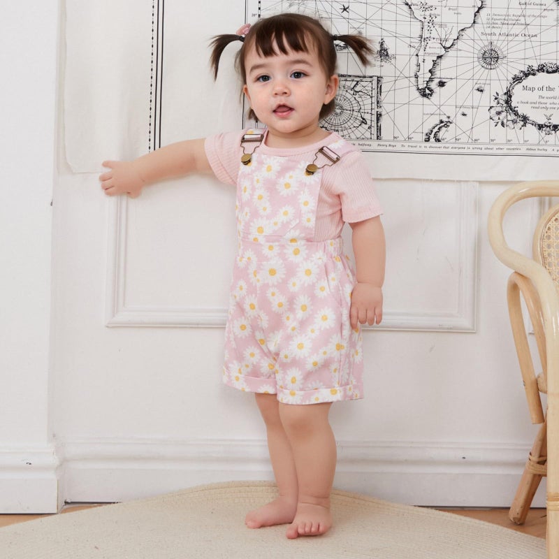 Lucikamy Toddler Baby Girls Summer Outfit Short Sleeve Ribbed Tops + Flower Suspender Overalls Shorts Set Kids Cute Clothes (Pink-Daisy, 12-18 Months) - Image 2