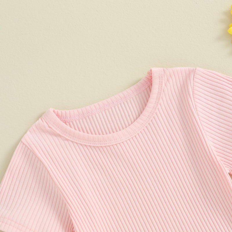 Lucikamy Toddler Baby Girls Summer Outfit Short Sleeve Ribbed Tops + Flower Suspender Overalls Shorts Set Kids Cute Clothes (Pink-Daisy, 12-18 Months) - Image 3