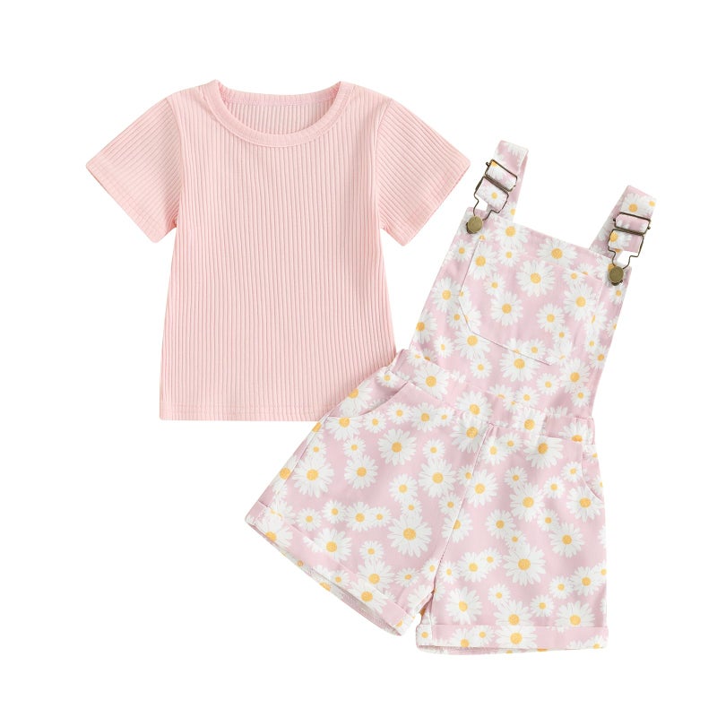 Lucikamy Toddler Baby Girls Summer Outfit Short Sleeve Ribbed Tops + Flower Suspender Overalls Shorts Set Kids Cute Clothes (Pink-Daisy, 12-18 Months) - Image 1
