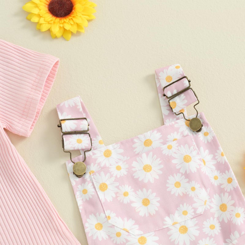 Lucikamy Toddler Baby Girls Summer Outfit Short Sleeve Ribbed Tops + Flower Suspender Overalls Shorts Set Kids Cute Clothes (Pink-Daisy, 12-18 Months) - Image 4