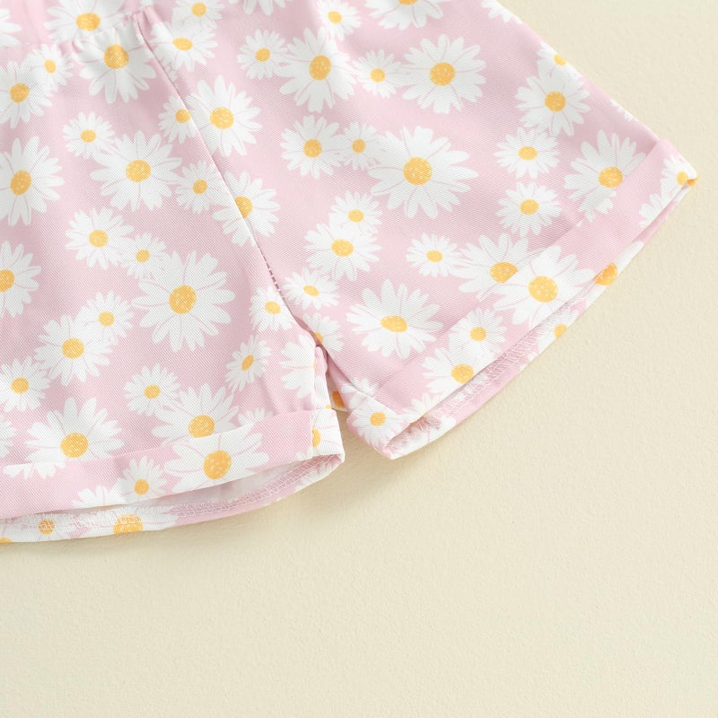 Lucikamy Toddler Baby Girls Summer Outfit Short Sleeve Ribbed Tops + Flower Suspender Overalls Shorts Set Kids Cute Clothes (Pink-Daisy, 12-18 Months) - Image 5