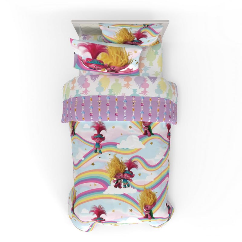 Franco DreamWorks Trolls 3 Band Together Kids 5 Piece Bedding Super Soft Reversible Comforter and Sheet Set with Sham Twin Officially Licensed Product