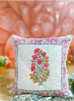 OJARIYA Premium Organic Cotton  Handblock Printed Radiant Pink Non-Allergenic Quilted Cushion Cover 40 Cm X 40 Cm  - Image 2