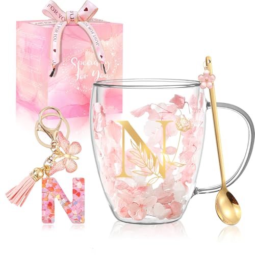 BigNoseDeer Personalized Gifts for Women Flower Glass Coffee Mug Initial Tea Cup Monogrammed Customized Bridesmaid Bride Wedding Gifts Graduation Gifts Valentine Mother's Day Birthday Christmas Gift (N) - Image 1