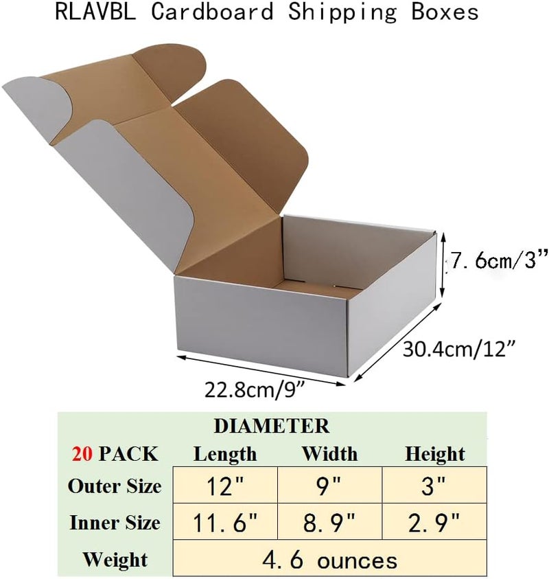 RLAVBL Shipping Boxes 12x9x3 Set of 20, White Corrugated Cardboard Box - Image 2