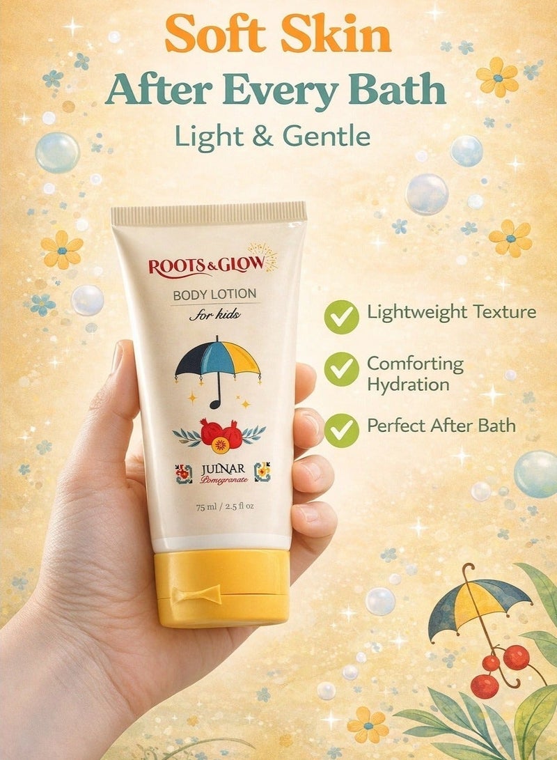Roots & Glow Kids Body Lotion – 75ml Pomegranate Gentle Moisturizer for Children – Made for GCC Climate – Vitamin E & Glycerin Formula – Soothing Long-Lasting Hydration – Non-Greasy Safe for Daily Use – Roots & Glow - Image 2