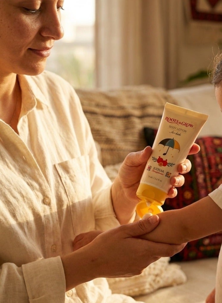 Roots & Glow Kids Body Lotion – 75ml Pomegranate Gentle Moisturizer for Children – Made for GCC Climate – Vitamin E & Glycerin Formula – Soothing Long-Lasting Hydration – Non-Greasy Safe for Daily Use – Roots & Glow - Image 3