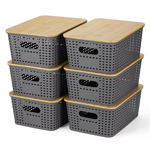 Ohmlove Plastic Storage Baskets With Bamboo Lid - Plastic Storage Containers Stackable Storage bins: Storage Baskets for Organizing Shelves Drawers Desktop Closet Playroom Classroom Office, 6 Pack, Gray - Image 1