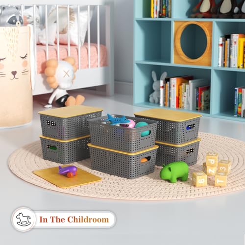 Ohmlove Plastic Storage Baskets With Bamboo Lid - Plastic Storage Containers Stackable Storage bins: Storage Baskets for Organizing Shelves Drawers Desktop Closet Playroom Classroom Office, 6 Pack, Gray - Image 5