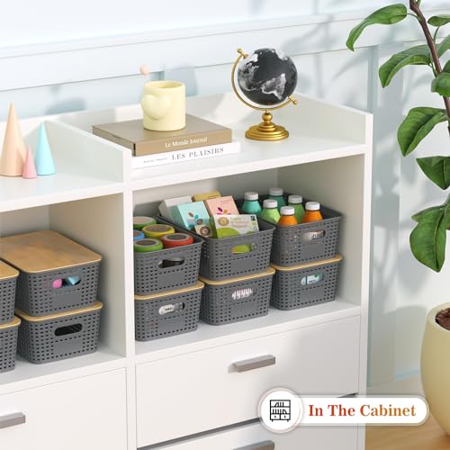 Ohmlove Plastic Storage Baskets With Bamboo Lid - Plastic Storage Containers Stackable Storage bins: Storage Baskets for Organizing Shelves Drawers Desktop Closet Playroom Classroom Office, 6 Pack, Gray - Image 4
