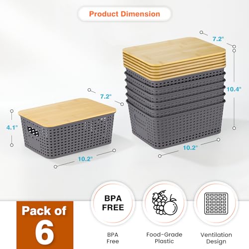 Ohmlove Plastic Storage Baskets With Bamboo Lid - Plastic Storage Containers Stackable Storage bins: Storage Baskets for Organizing Shelves Drawers Desktop Closet Playroom Classroom Office, 6 Pack, Gray - Image 2