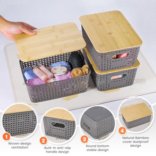 Ohmlove Plastic Storage Baskets With Bamboo Lid - Plastic Storage Containers Stackable Storage bins: Storage Baskets for Organizing Shelves Drawers Desktop Closet Playroom Classroom Office, 6 Pack, Gray - Image 3