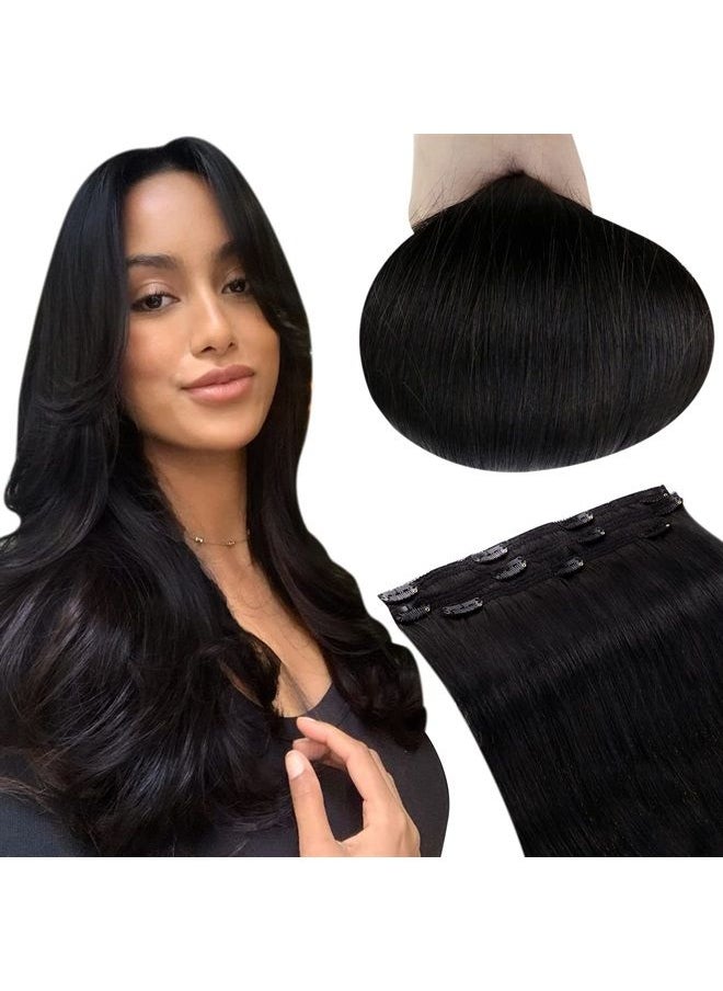 RUNATURE Clip in Hair Extensions Black Human Hair 12 Inch Color #1B Off Black Clip in Real Hair Extensions Double Weft Human Hair Extensions Clip Ins Natural Hair for Women 50g  - Image 1