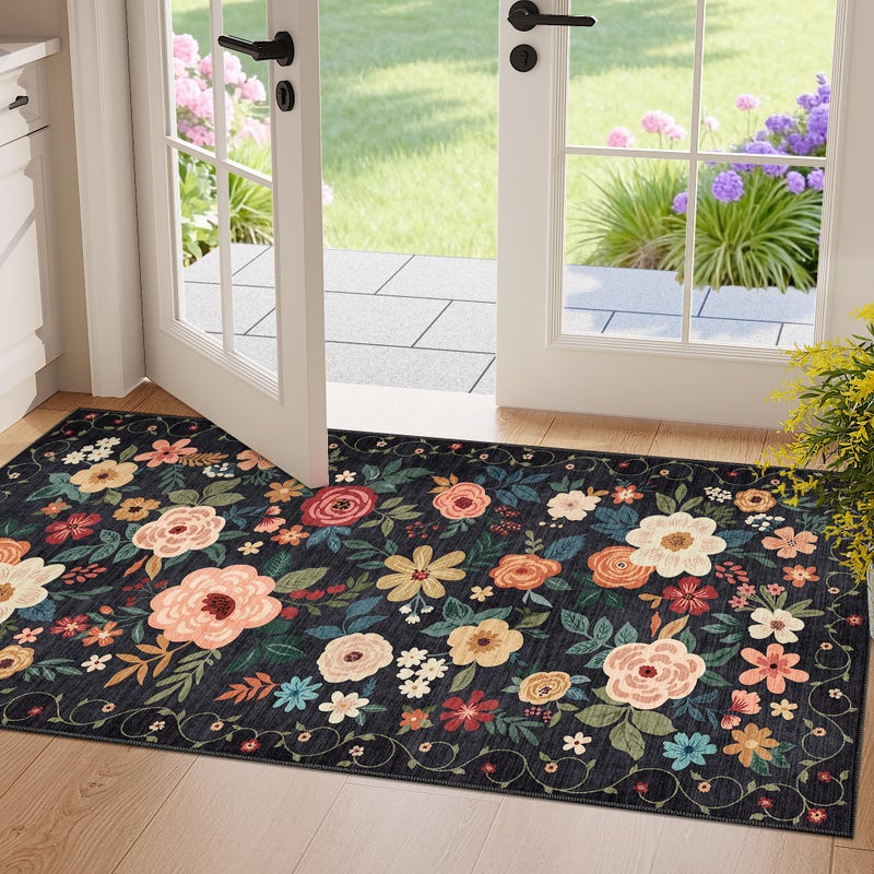 DUKINO 2x4 Rug for Entryway, Washable Kitchen Floral Runner Rug with Non Slip Backing, Low Pile Soft Boho Carpet for Kitchen, Hallway, Entryway, Laundry, Bedroom, Black - Image 1