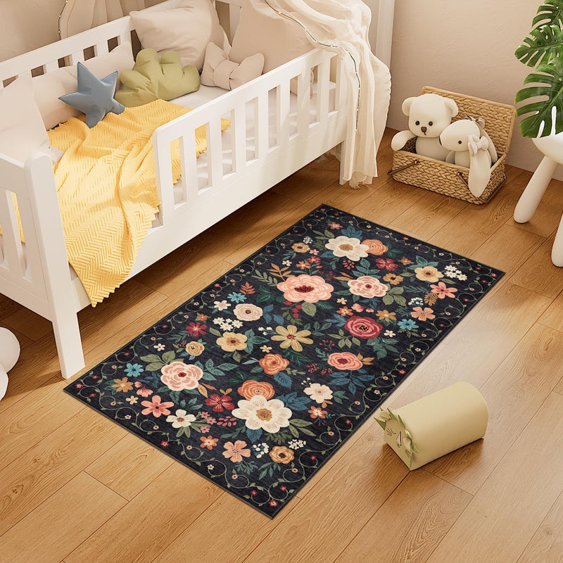 DUKINO 2x4 Rug for Entryway, Washable Kitchen Floral Runner Rug with Non Slip Backing, Low Pile Soft Boho Carpet for Kitchen, Hallway, Entryway, Laundry, Bedroom, Black - Image 3