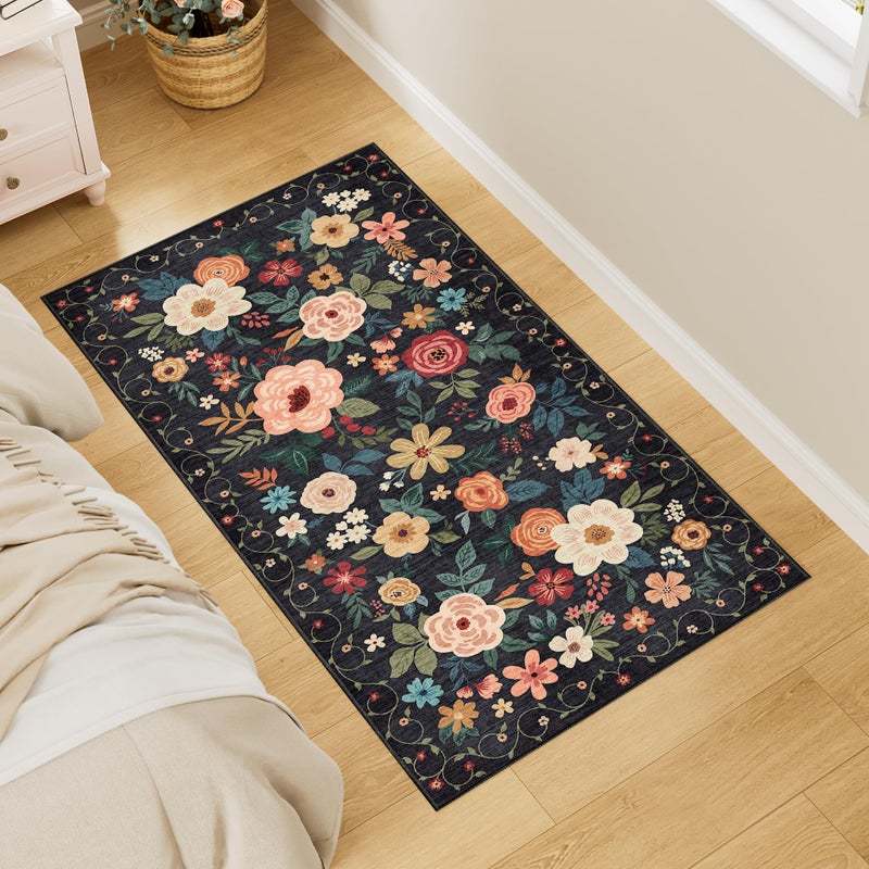 DUKINO 2x4 Rug for Entryway, Washable Kitchen Floral Runner Rug with Non Slip Backing, Low Pile Soft Boho Carpet for Kitchen, Hallway, Entryway, Laundry, Bedroom, Black - Image 2