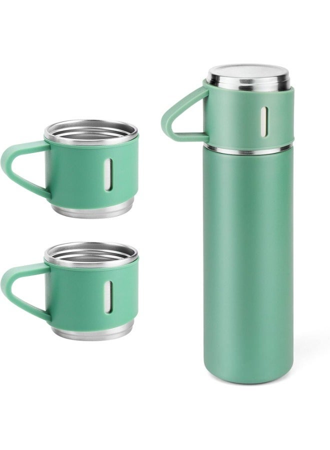 TIGER 500ml Stainless Steel Coffee Thermo Vacuum Flask Set - Insulated Water Bottle with Three Cups for Hot & Cold Drinks - Green - Travel Mug for Office, Home, Outdoors - Image 1