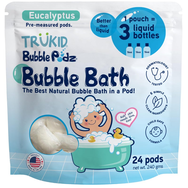 TruKid Bubble Podz Bubble Bath for Kids Toddlers Babies Tear Free Gentle Refreshing Bath Bomb for Sensitive Skin with Natural Moisturizers NonToxic pH Balanced Eucalyptus Scent 24 Podz