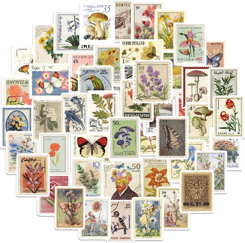 QTL Waterproof Vinyl Stickers for Laptop Luggage Scrapbook Postcard (50 Pcs Retro Stamps Style) - Image 1