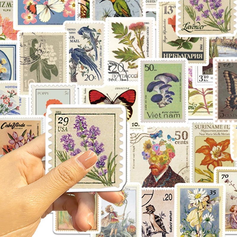 QTL Waterproof Vinyl Stickers for Laptop Luggage Scrapbook Postcard (50 Pcs Retro Stamps Style) - Image 4