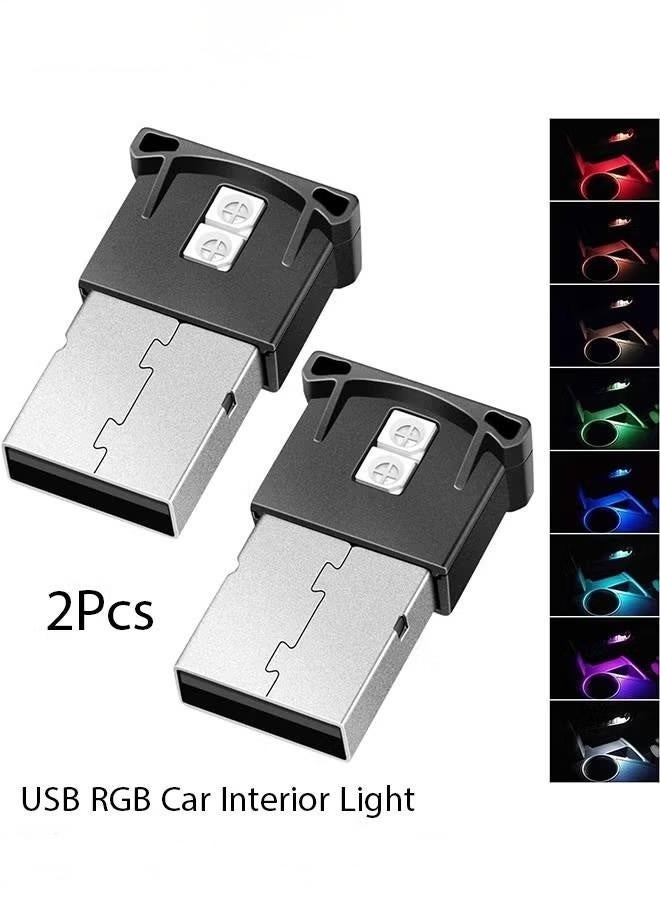 عبوة من قطعتين من مصابيح LED صغيرة الحجم بمنفذ USB وRGB وداخلية للسيارة - مصباح محيطي بثمانية ألوان مع خاصية التحكم في السطوع ووضع التنفس ومستشعر ذكي وإضاءة ليلية محمولة بمنفذ USB للسيارة والكمبيوتر المحمول والمنزل - Image 1