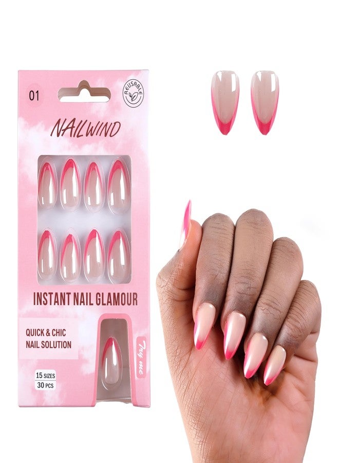 NAILWIND French Tip Press On Nails Almond - Chrome Hot Pink Press On Nail Short, Stick On Nails for Women, Glue On Nail with in 16 Sizes - 30 Soft Gel Fake nail on Kit, for Women Girls (01 - Pink - Berry French, Short) - Image 3