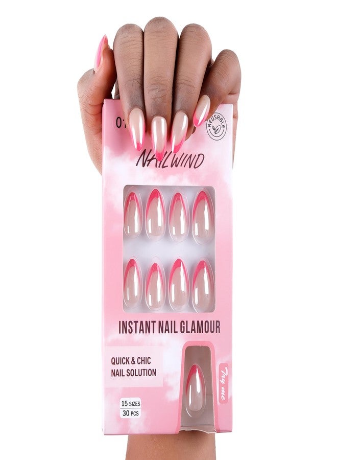 NAILWIND French Tip Press On Nails Almond - Chrome Hot Pink Press On Nail Short, Stick On Nails for Women, Glue On Nail with in 16 Sizes - 30 Soft Gel Fake nail on Kit, for Women Girls (01 - Pink - Berry French, Short) - Image 2
