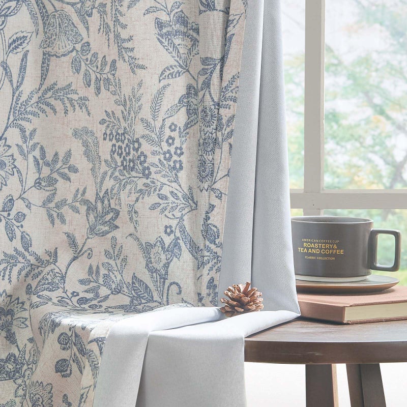Lazzzy Linen Curtains Farmhouse Blue Floral Print Curtains 84 Inches Long Back Tab Drapes for Living Room Bedroom Semi Sheer Country Vintage Curtains 4 Panels Set Rod Pocket Purple Gray on Beige - Image 1