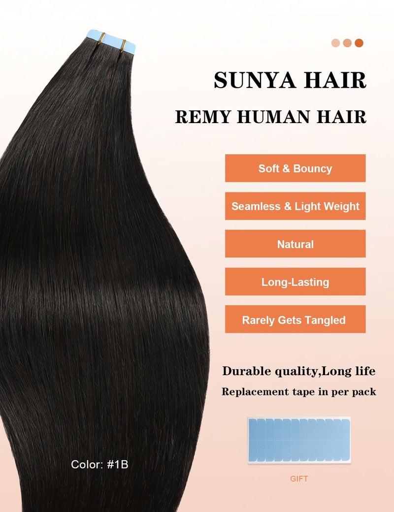 Sunya Tape in Hair Extensions Human Hair Black 22 inch Straight Seamless Tape in Hair Extensions #1B Natural Black 50g/20Pcs - Image 2