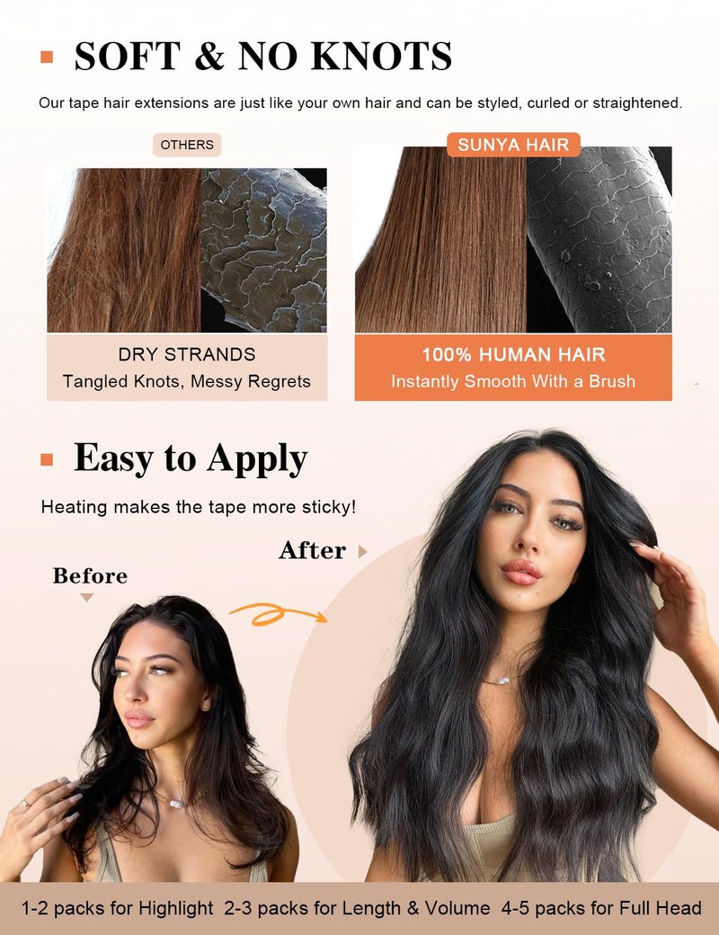 Sunya Tape in Hair Extensions Human Hair Black 22 inch Straight Seamless Tape in Hair Extensions #1B Natural Black 50g/20Pcs - Image 5
