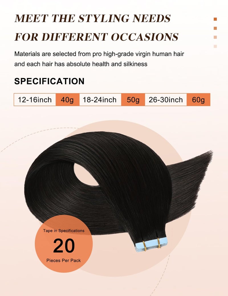 Sunya Tape in Hair Extensions Human Hair Black 22 inch Straight Seamless Tape in Hair Extensions #1B Natural Black 50g/20Pcs - Image 4
