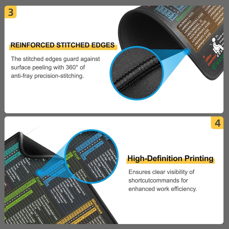 Kinevolve Mouse Pad for Excel/Word/PowerPoint/Windows Shortcuts – Small Excel Cheat Sheet Desk Pad – 11.8"x9.8" Portable Computer Mousepad – Gaming, Office, Waterproof, Non-Slip, Stitched Edges - Image 3