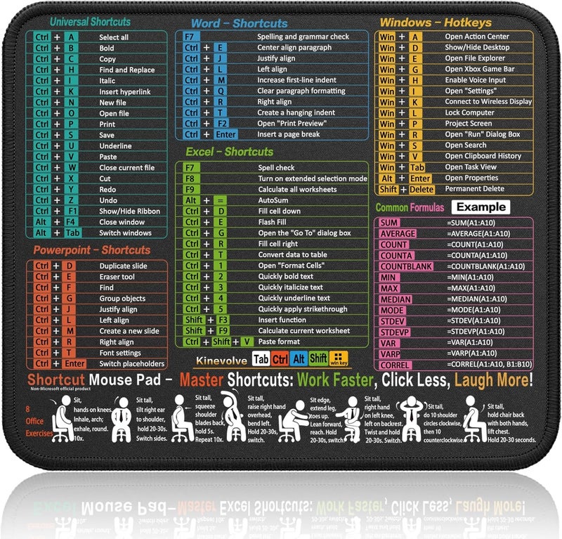 Kinevolve Mouse Pad for Excel/Word/PowerPoint/Windows Shortcuts – Small Excel Cheat Sheet Desk Pad – 11.8"x9.8" Portable Computer Mousepad – Gaming, Office, Waterproof, Non-Slip, Stitched Edges - Image 1