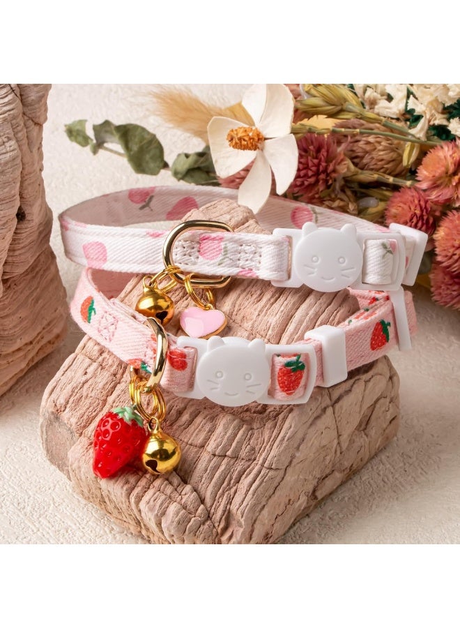 2 Pack Cotton Breakaway Cat Collars with Bell, Pink Strawberry and White Heart Cute Pendants, Breathable Soft Kitten Collar - Image 5