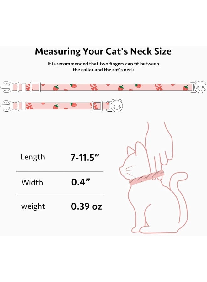 2 Pack Cotton Breakaway Cat Collars with Bell, Pink Strawberry and White Heart Cute Pendants, Breathable Soft Kitten Collar - Image 3